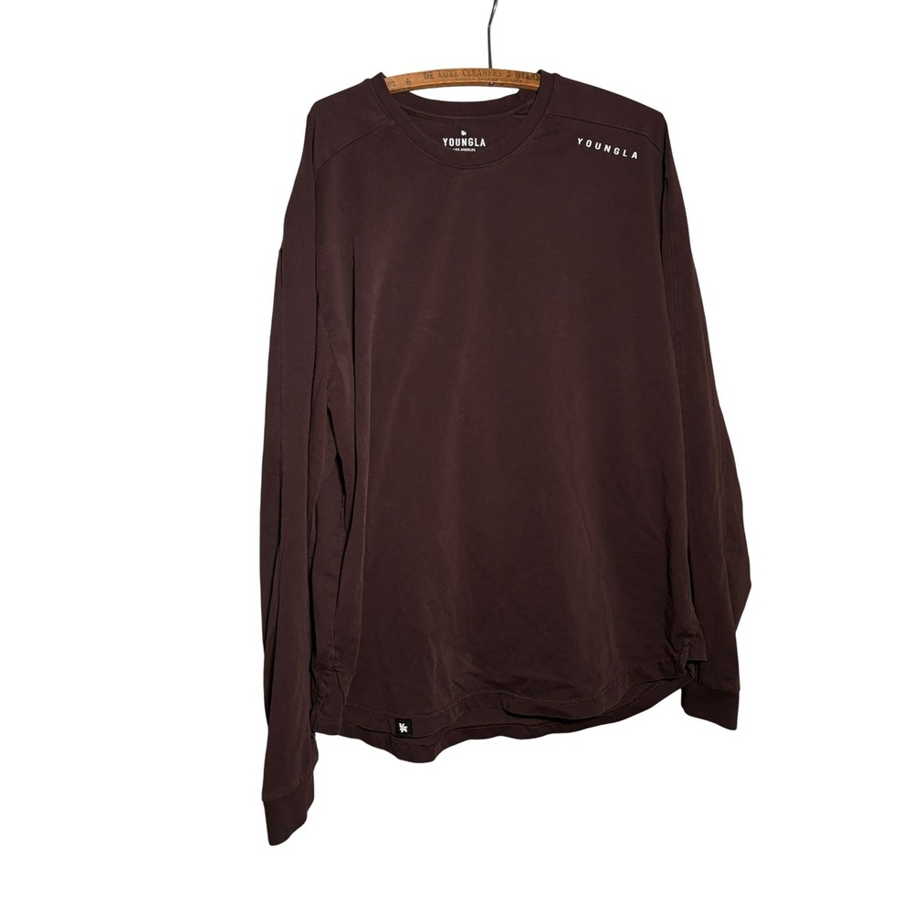 YoungLA 814 Long Sleeve XL Tee Brown Cotton Curved Hem Gym Shirt Streetwear